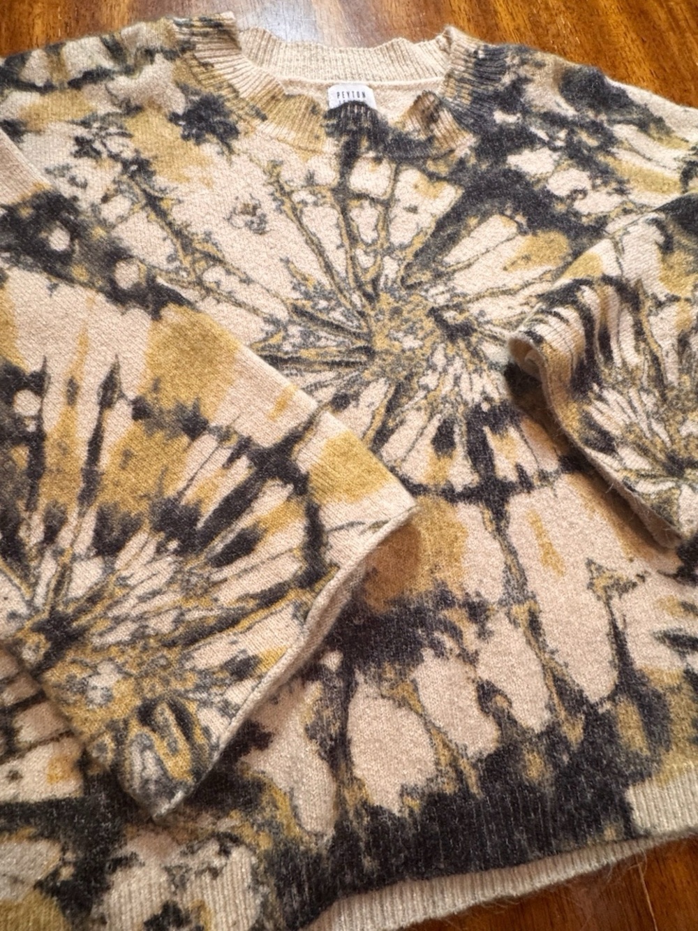 Peyton Jensen Cozy Tie-Dye Crewneck Sweater in Beige, Gold & Charcoal size XS